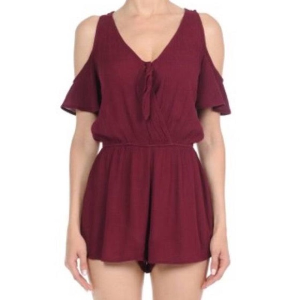 Burgundy / Maroon Cold Shoulder Wrap Romper